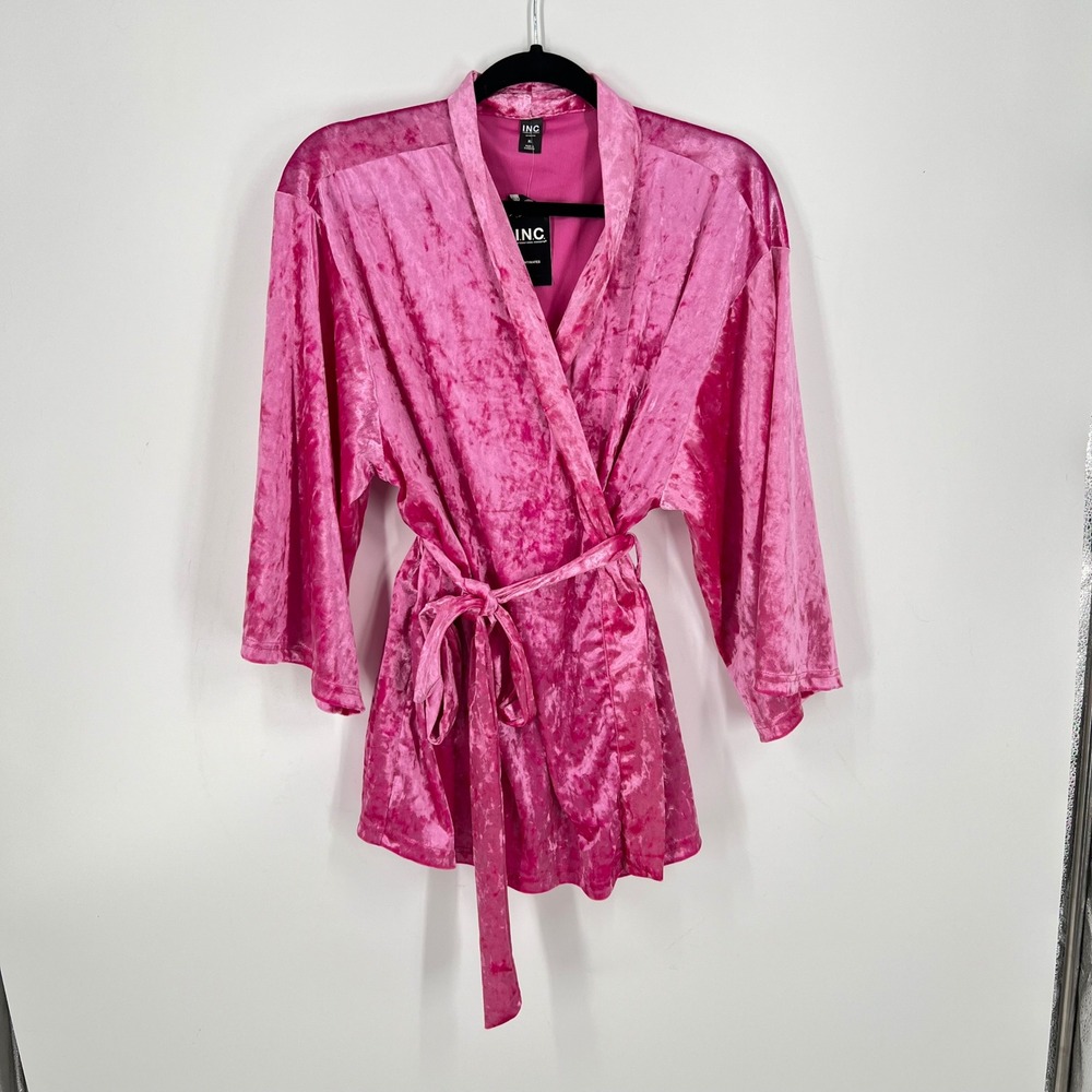 INC International Concepts Pink Crushed Velvet Kimono Short Robe Berry Ice XL
